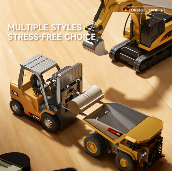 Mini RC Forklift 1/64 – Remote Control Excavator & Dump Truck with LED, Sound & App Support