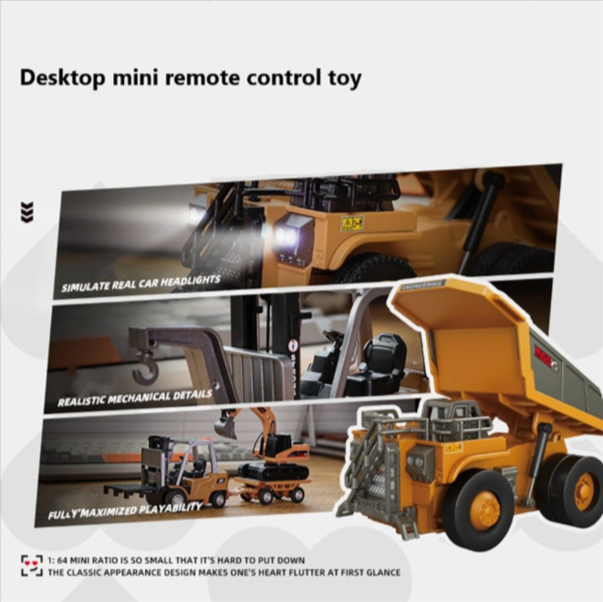 Mini RC Forklift 1/64 – Remote Control Excavator & Dump Truck with LED, Sound & App Support